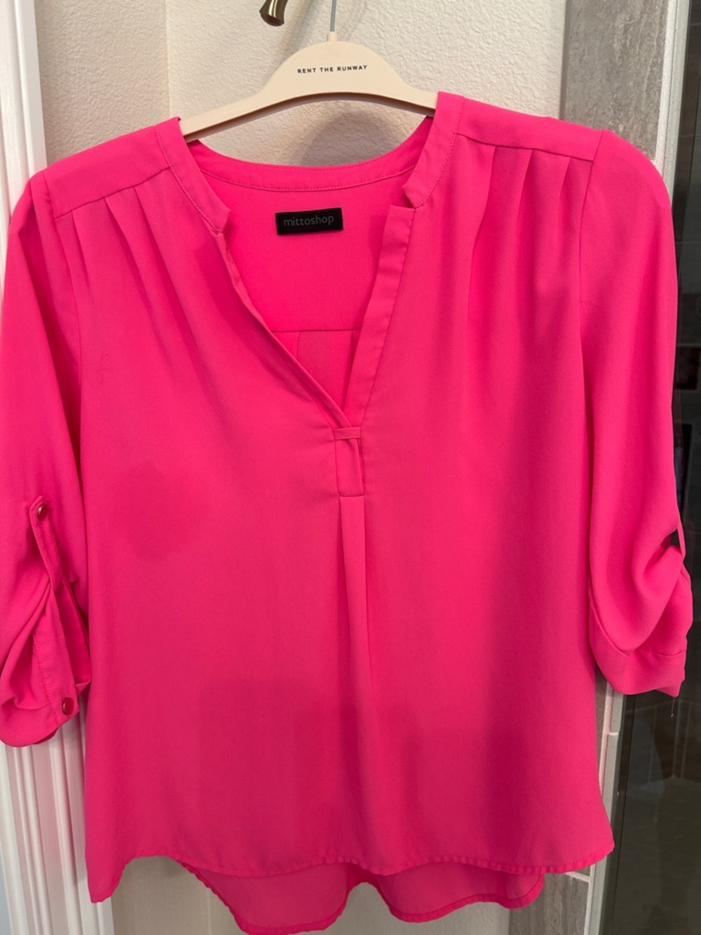 mittoshop Hot Pink V-Neck Roll-Tab Blouse
